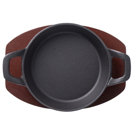 Сковорода порц. d=16 см. h=4,7 см. 0,5 л. чугун. с 2 ручками на дерев. подставке /1/