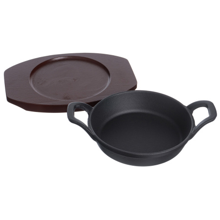 Сковорода порц. d=16 см. h=4,7 см. 0,5 л. чугун. с 2 ручками на дерев. подставке /1/