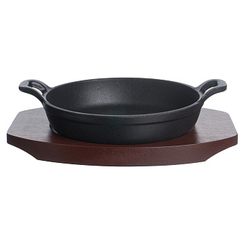 Сковорода порц. d=14 см. h=4,5 см. 0,35 л. чугун. с 2 ручками на дерев. подставке /1/