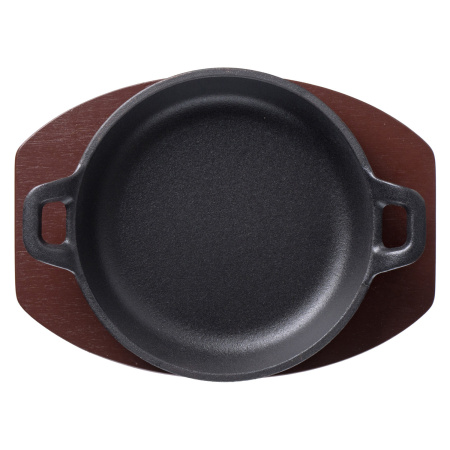 Сковорода порц. d=14 см. h=4,5 см. 0,35 л. чугун. с 2 ручками на дерев. подставке /1/